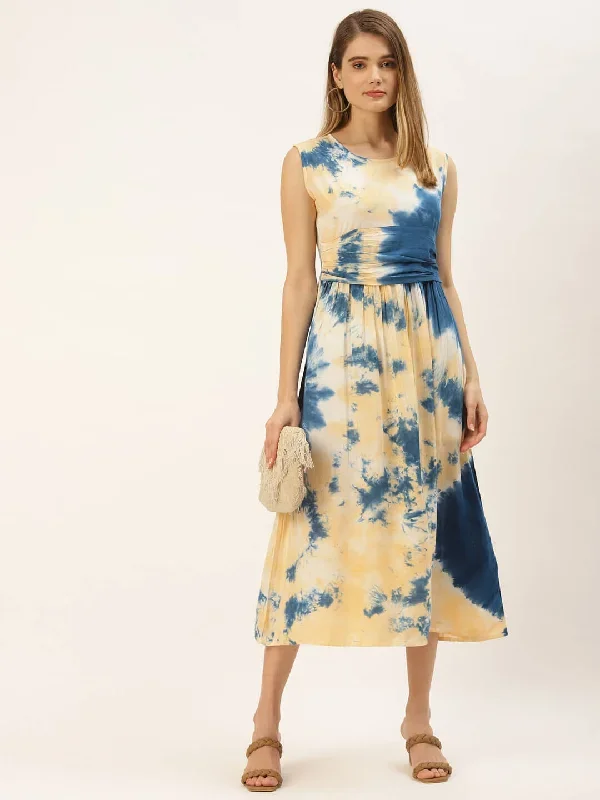 Yellow & Blue Tie Dye Sleeveless Dress