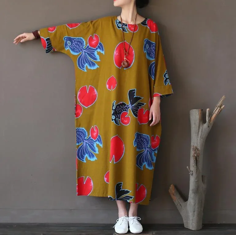 yellow floral casual linen dresses oversize o neck maxi dress