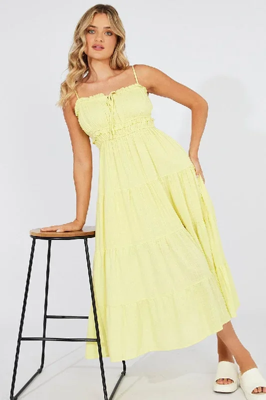 Yellow Midi Dress Sleeveless Ruched Bust Tiered