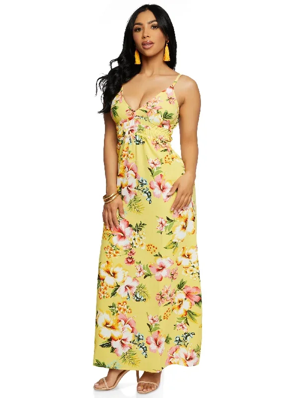 Tropical Floral Print Smocked Waist Maxi Dress