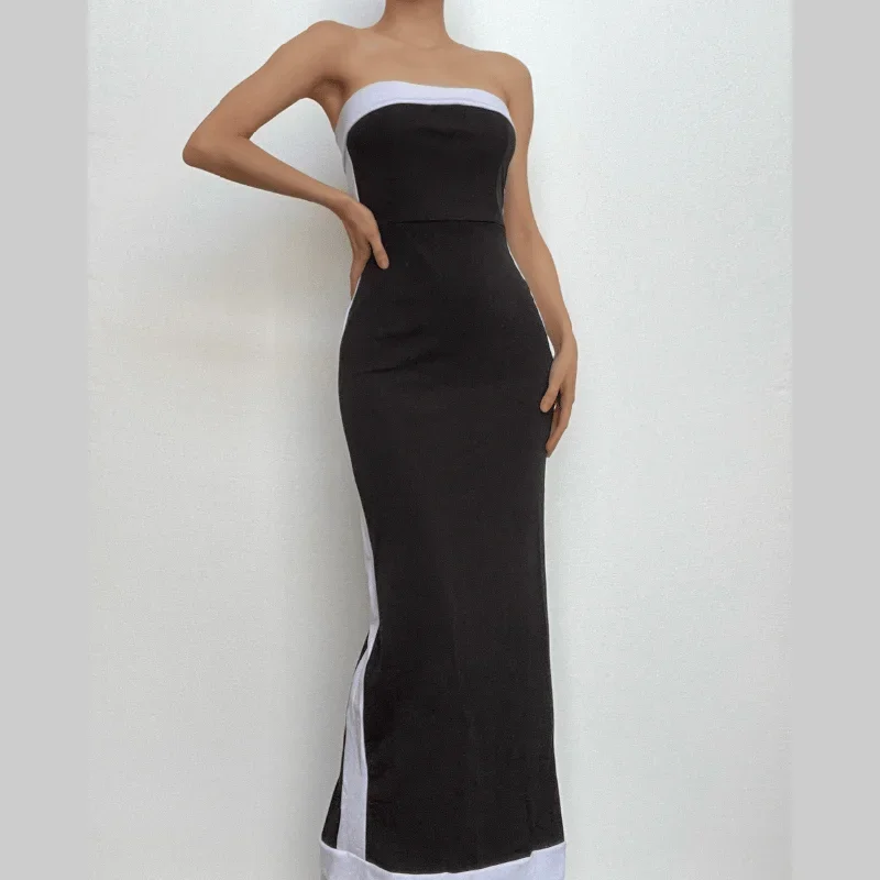 zip-up-backless-patchwork-contrast-tube-maxi-dress